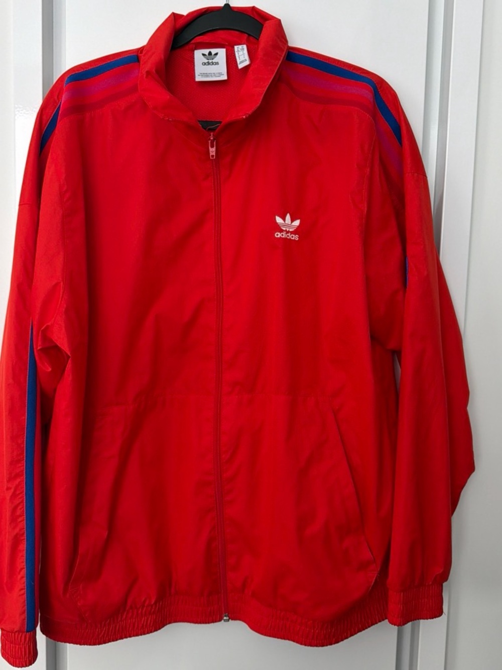 adidas Red Windbreaker Jacket with Blue/Pink Stripe Accents